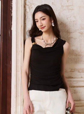 Three Quarters25SS黑色金属扣件装饰羊毛一字肩上衣抽绳阔腿长裤