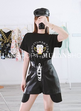 【折】devil beauty新款黑色高腰皮短裤女系带抽绳休闲阔腿短裤