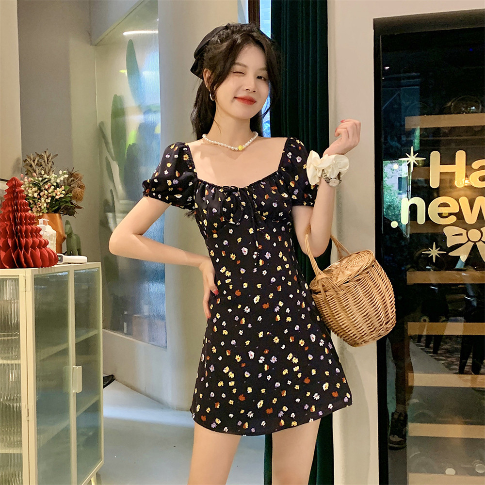 mood x miura 2r春夏新款时尚浪漫黑色碎花短袖连衣裙木兰买手店
