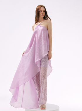 MOOD X MIURA 25SS 粉紫色挂脖蝴蝶装饰不对称上衣浅紫色蕾丝长裤