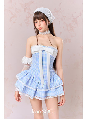 Jean SOO 25SS 海日记拼接格纹鱼骨修身抹胸上衣 蛋糕半身裙
