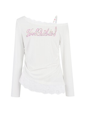 Three Quarters25AW 白色拼接蕾丝花边斜肩烫钻T恤