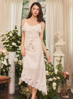 Three Quarters 25SS白色天丝醋酸串珠时尚休闲直筒半裙夏女