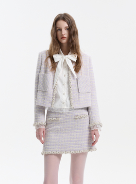 Three Quarters 25SS紫色小香风圆领珍珠钻链宽松短款千金风外套