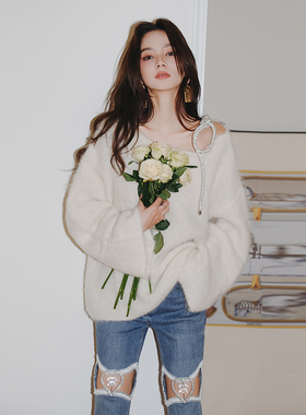 ROCHA ROMA 新款一字领羽毛针织毛衣镂空高腰喇叭牛仔裤