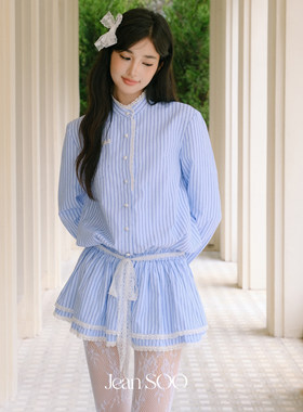 Jean SOO 蓝白之境条纹烫钻蕾丝花边连衣裙