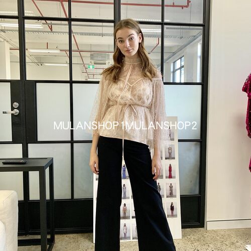 【折】Alice mccall春新款裸粉半高领透明袖绑带蕾丝衬衫