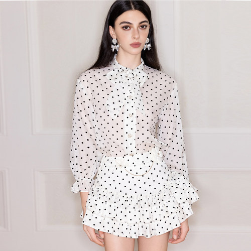 【清货折裙`】Aimme sparrow新款 白色波点系带衬衫花链百褶短裙