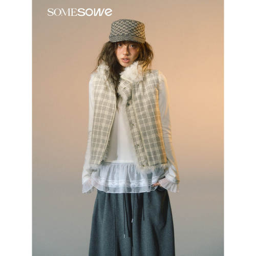 【清货折】SOMESOWE 2025FW秋季新款  格纹拼接羊羔毛双面穿马甲