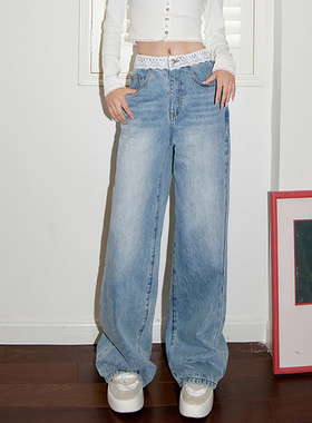 Three Quarters 24夏季蓝色蕾丝腰头时尚直筒牛仔裤女木兰合集