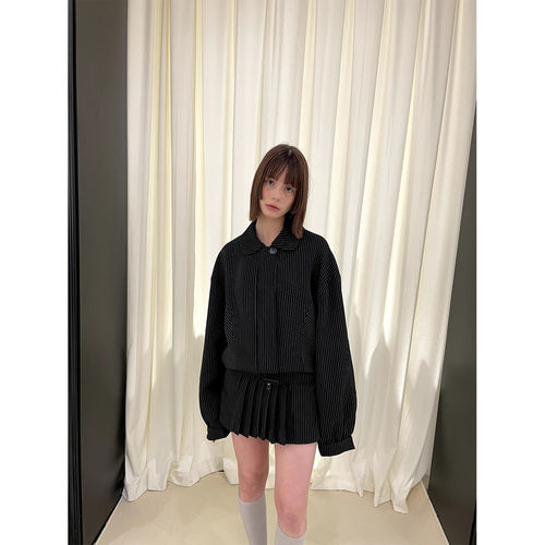 【折新】BabesoQ韩系条纹学院miu风黑色条纹夹克百褶短裙套装