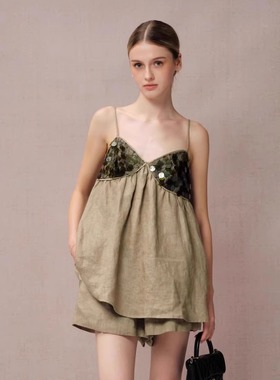 Diana Vevina 25SS早春新款绿色亚麻亮片拼接吊带抽绳短裤