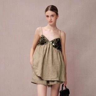 绿色亚麻亮片拼接吊带抽绳短裤 25SS早春新款 Vevina Diana