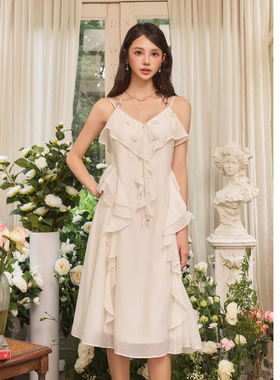 Three Quarters 25SS白色天丝醋酸V领荷叶边优雅简约连衣裙女夏