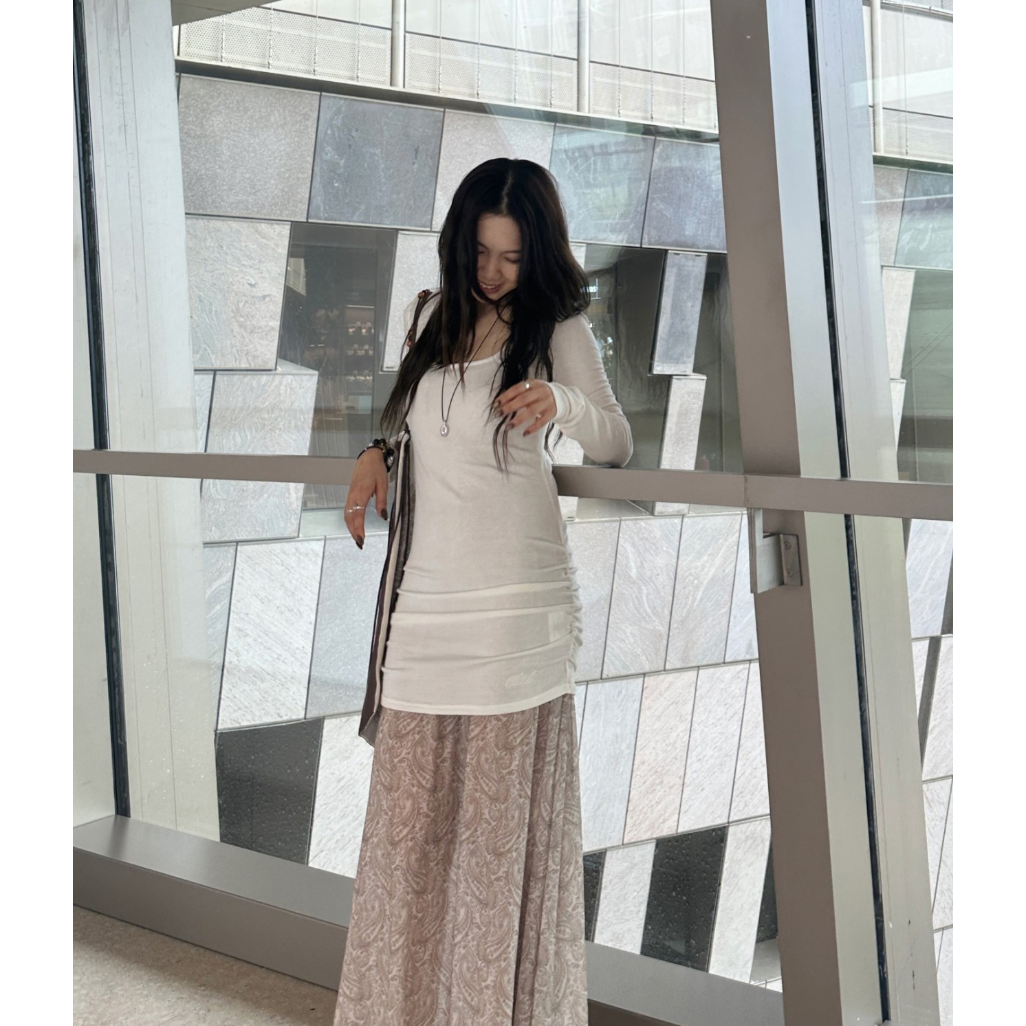 【设计师女装】ODTD25秋季新款撞色真两件拼接U领连衣裙长裙套装