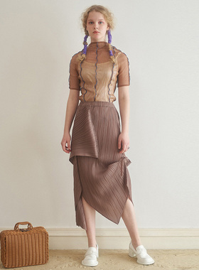 【折】BIBILEE 22新款褶皱小性感半透密边打底衫半身裙不规则绑带