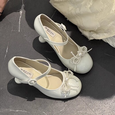 SHOESZOOO玛丽珍鞋女蝴蝶结2025春季新款高跟鞋浅口真皮细跟单鞋