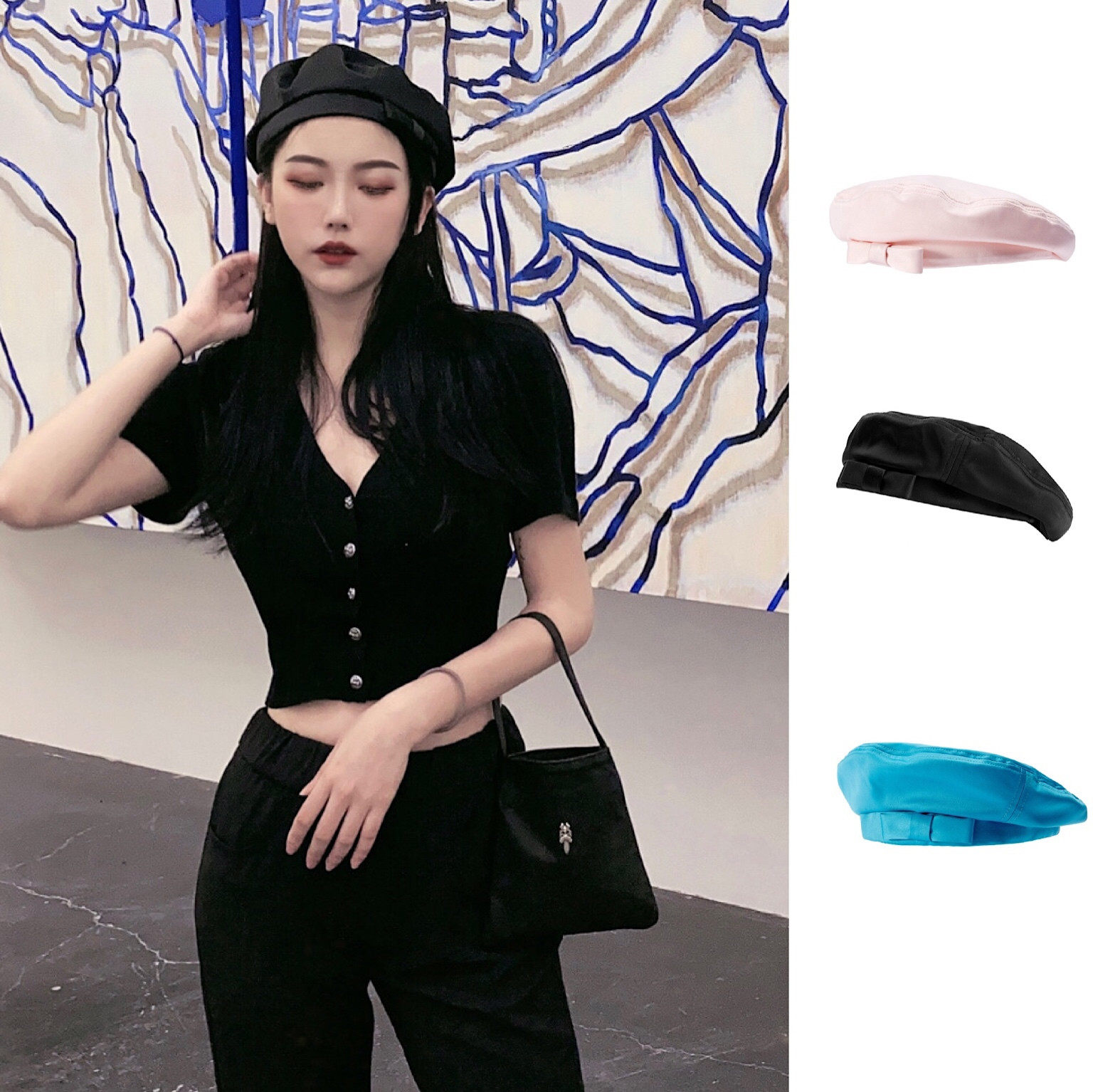 sei carina y2020春夏新款时尚蝴蝶结贝雷帽甜美可爱春夏女