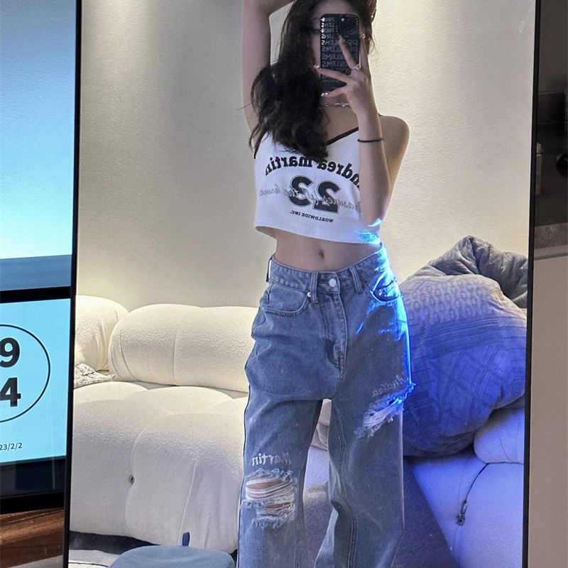 andrea martin23春夏新款   百搭蓝色破洞毛边牛仔裤  木兰