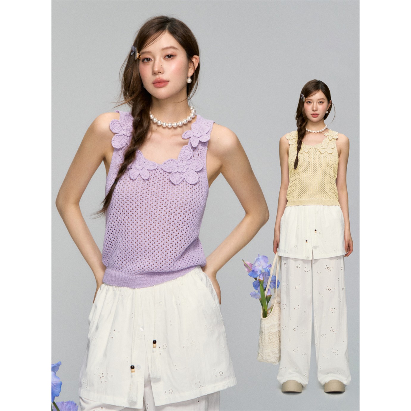 AsGony25ss 波嬉风度假感花朵钩针网眼背心假两件珠串挂绳直筒裤