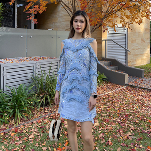 木兰买手店【国现】THURLEY 澳洲设计师蓝色流苏露肩修身连衣裙
