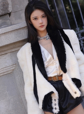 【折】RAY BURST黑白色拼接斜扣短款皮草西装衬衫2R秋冬优雅