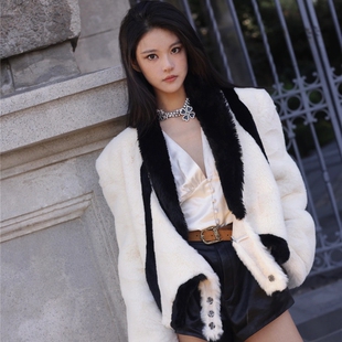 折 衬衫 RAY 皮草西装 2R秋冬优雅 BURST黑白色拼接斜扣短款