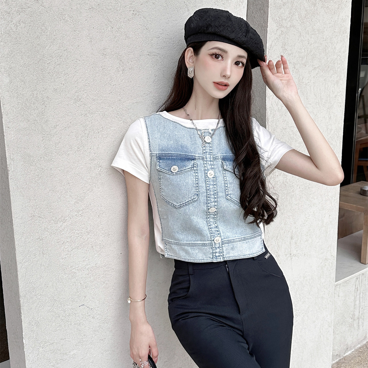 andrea martin23春夏新款白色香风拼接短袖蓝色牛仔拼接短袖木兰