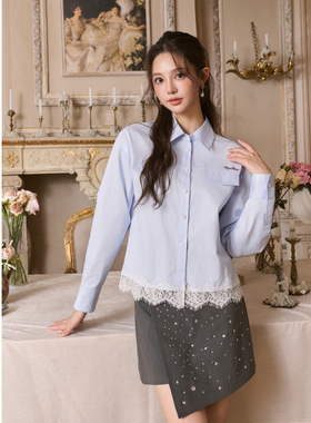 Three Quarters25AW 蓝色拼接骨感蕾丝花边长袖衬衫