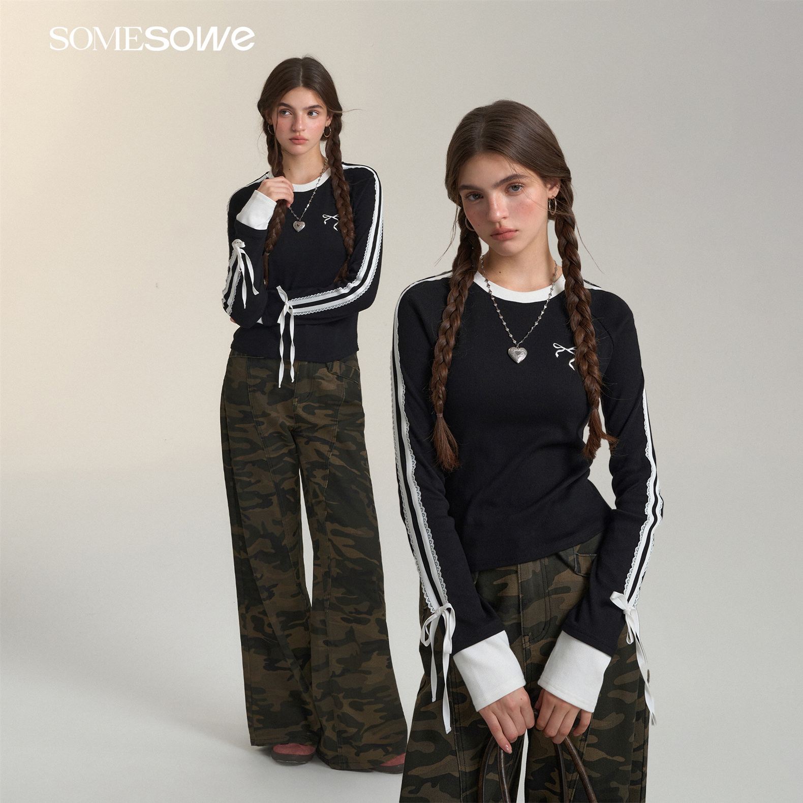 【折】SOMESOWE官方旗舰店24秋季 假两件蕾丝织带长袖T恤廓形裤
