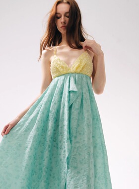 MOOD X MIURA 25SS 曼波薄荷拼接黄色亮片露背连衣裙