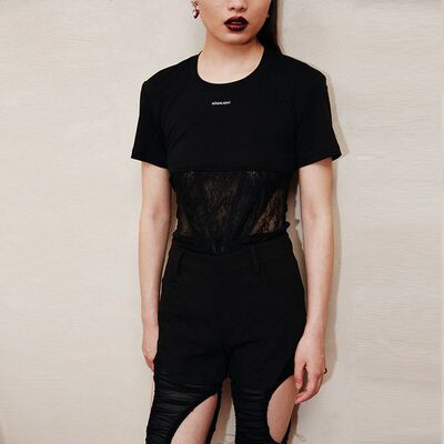 【折SM】HIGHLIGHT 新款 圆领蕾丝拼接logo时尚百搭短袖T恤