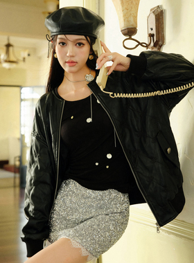 Three Quarters24秋季黑色天丝羊毛珠片打底衫logo绗棉宽松皮外套