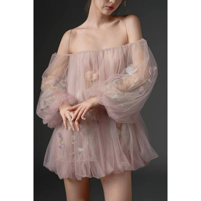 21SIX 2026SS 甜美薄纱一字肩法式花苞裙连衣裙礼服