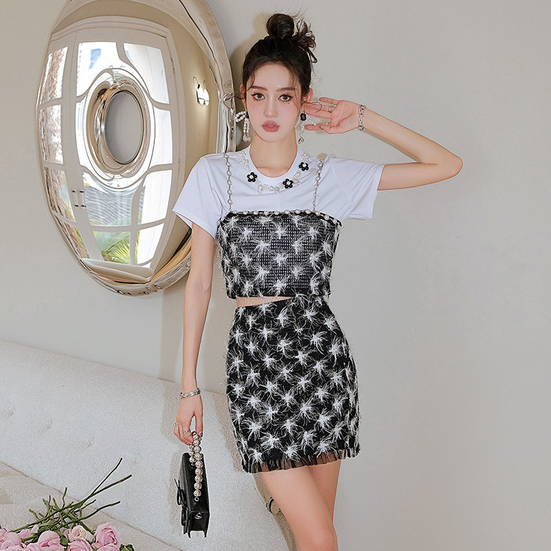 diana vevina 2r珍珠肩带羽毛吊带短袖上衣蕾边拼接羽毛半裙木兰