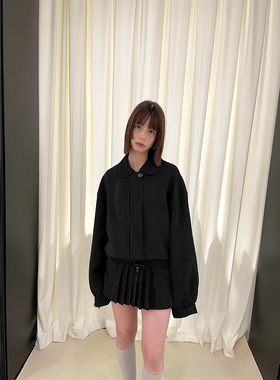 【折】BabesoQ韩系条纹学院miu风黑色条纹夹克百褶短裙套装