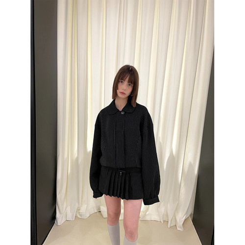 【折】BabesoQ韩系条纹学院miu风黑色条纹夹克百褶短裙套装