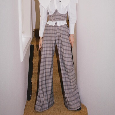 【4折裤子腰封现货】For Love & Lemons 格纹不对称腰阔腿裤腰封