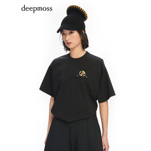 【折】【deepmoss】新款女装时尚休闲欲望之眼装饰打褶T恤上衣