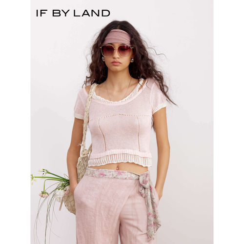 IF BY LAND2026春夏新品棉麻假两件镂空吊带短袖圆领针织衫上衣女