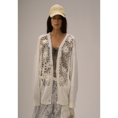 Shelle Artiste宽松优雅干杯钩花镂空外套纯色百搭长袖开衫