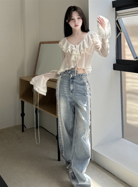 Three Quarters 24新款蕾丝花边荷叶领外套斜门襟拼接蕾丝牛仔裤