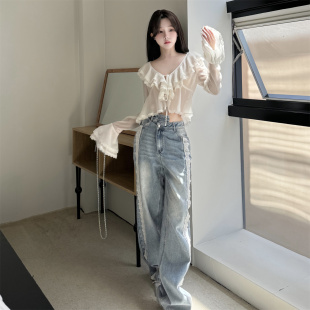 蕾丝花边荷叶领外套斜门襟拼接蕾丝牛仔裤 24新款 Quarters Three