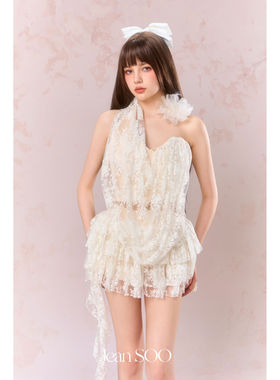 Jean SOO 一帘幽梦挂脖透视蕾丝不规则吊带上衣