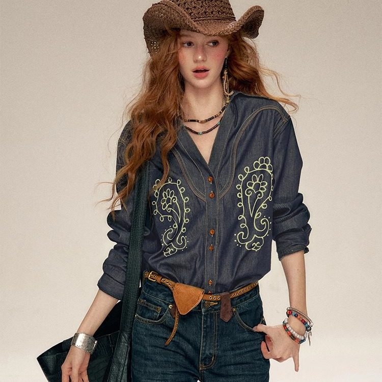 【折】IHDXD 25AW 腰果花牛仔衬衫 深色牛仔直筒裤,女装/女士精品,时尚套装,淘宝优惠券,粉丝福利购,淘宝优惠卷