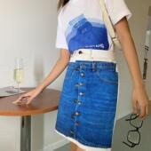 5折 ANDREA CREWS秋冬新款 撞色错位牛仔半身裙 拼接长裤