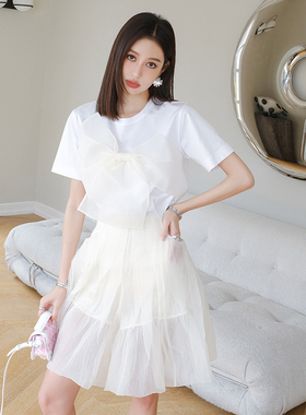 【折】设计师deepmoss  欧根纱花结短袖T恤蝴蝶结轻盈短裙裤