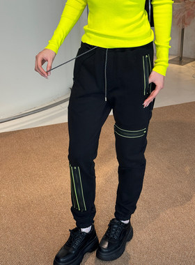 【5折】 Lost General 黑色荧光黄辣妹休闲机能裤