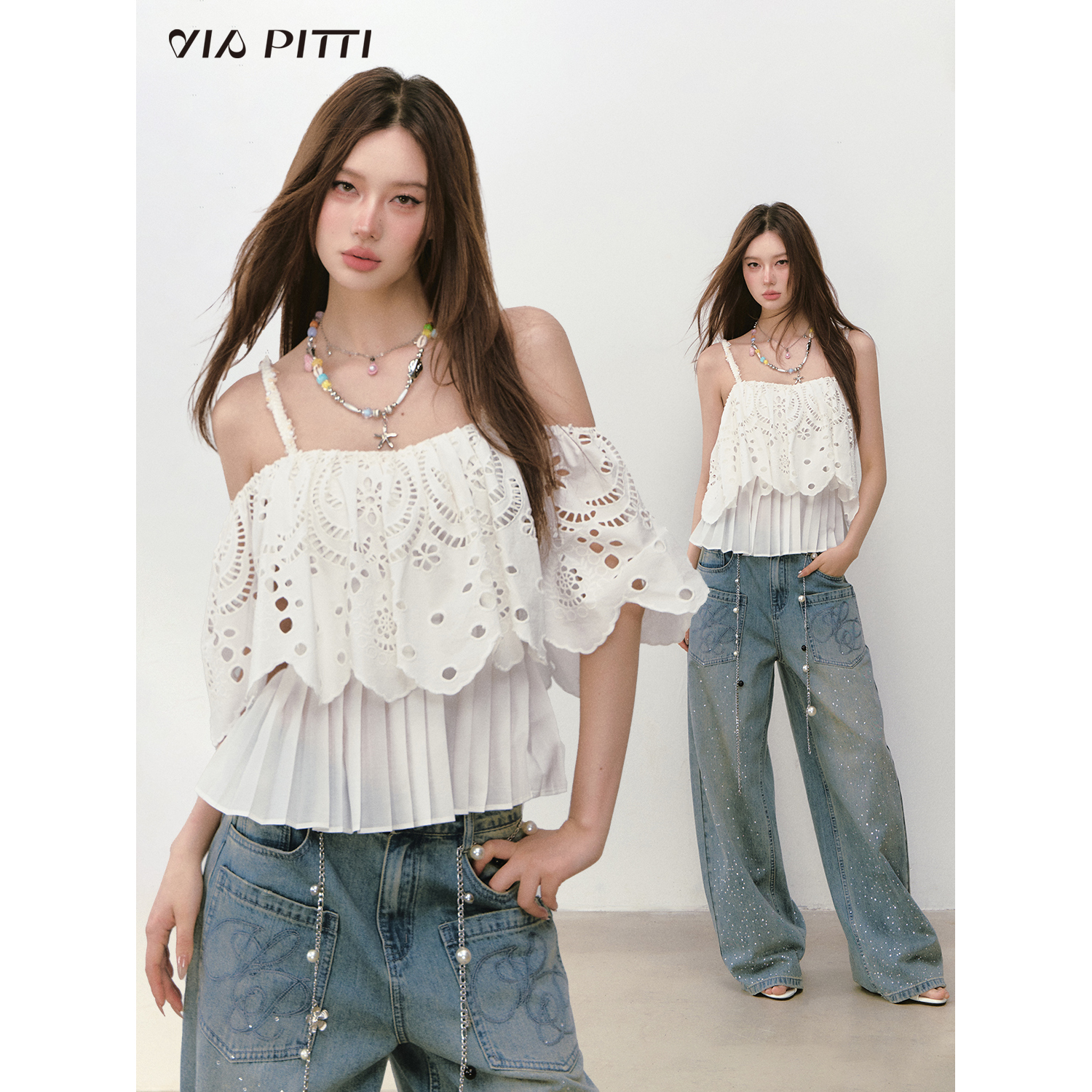 【清货折M】VIAPITTI设计感重工立体镂空绣两穿背心短袖吊带上衣