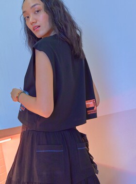 【国现】SJYP潮牌黑色马甲砍袖t恤宽松印花字母黑色圆领无袖背心